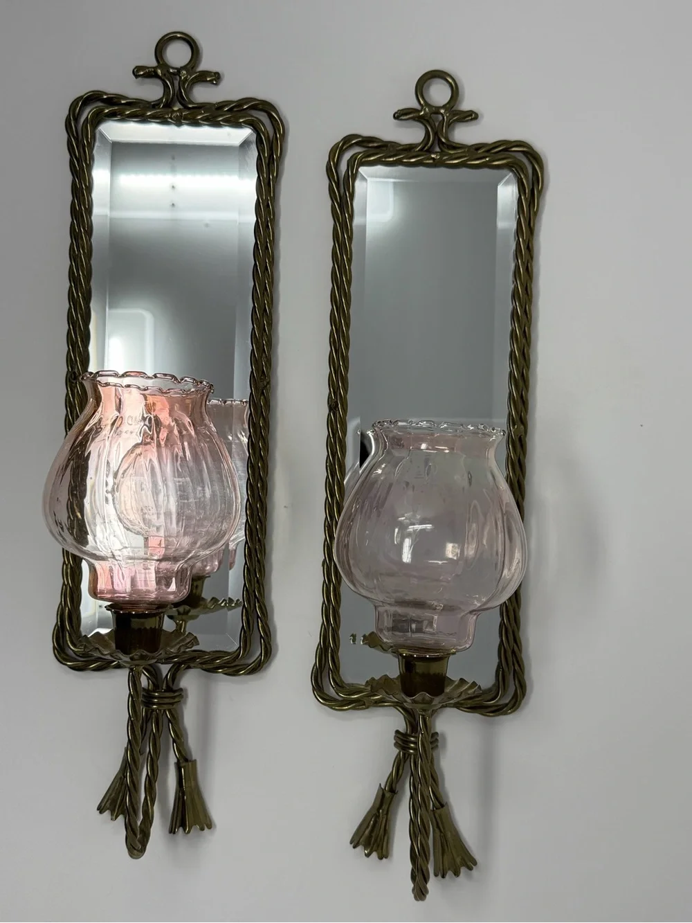 VTG Hollywood Regency Mirrored Wall Sconce Candle Holders Rope Tassels Set of 2